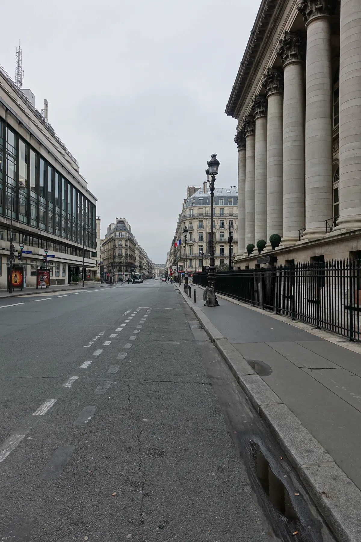 AFP headquarters at left and the columns of Palais Brongniart at right, Paris in January 2016.