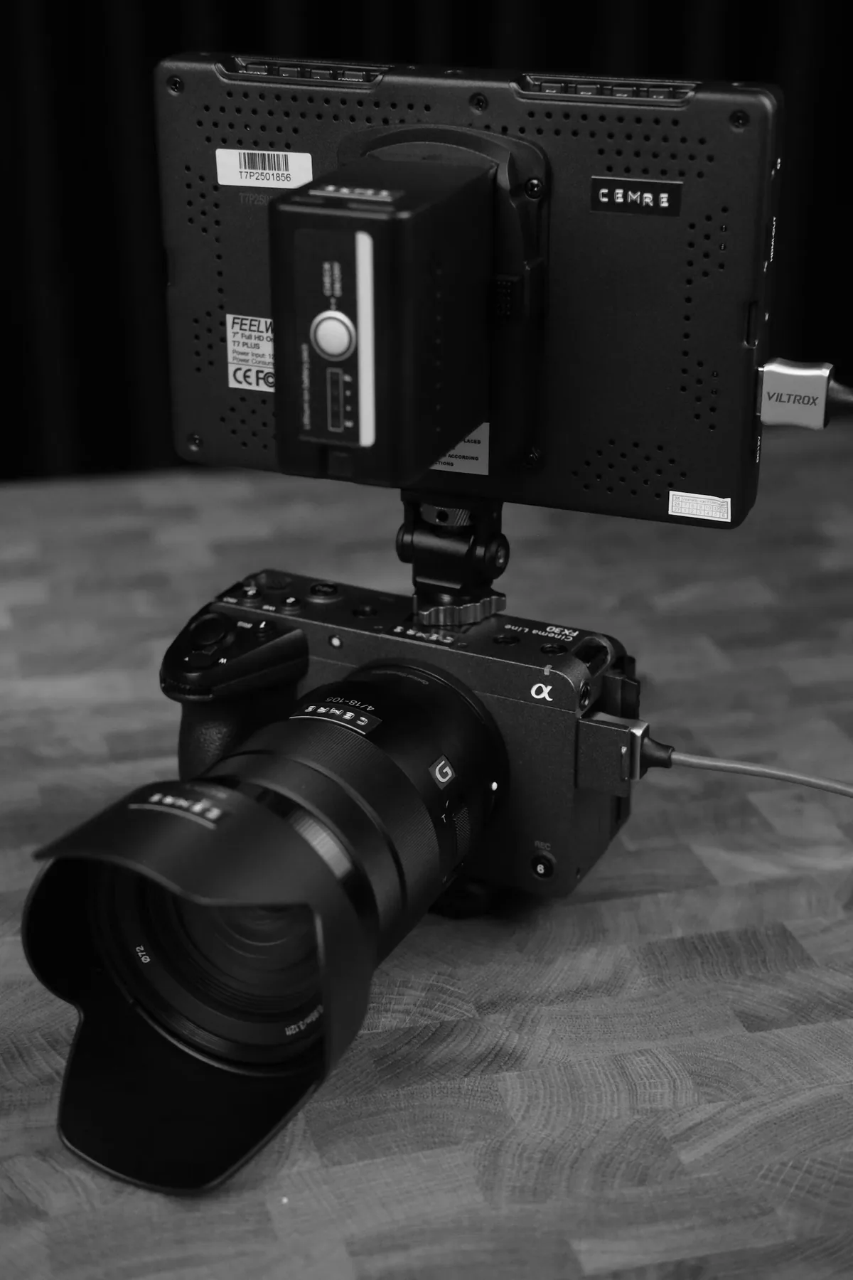Sony FX30 camera with a Sony G zoom lens and an external monitor
