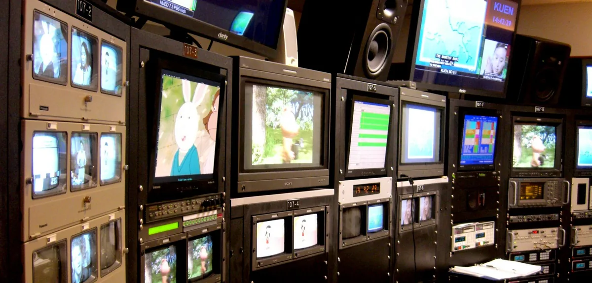 On-air control room at the Eccles Broadcast Center, with monitors and equipment consoles.