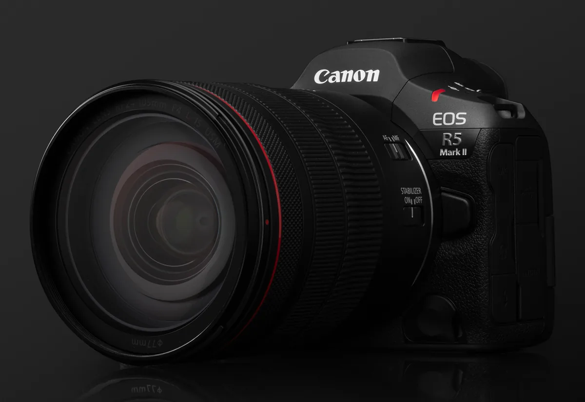 Canon EOS R5 Mark II and RF lens photographed in a dark studio
