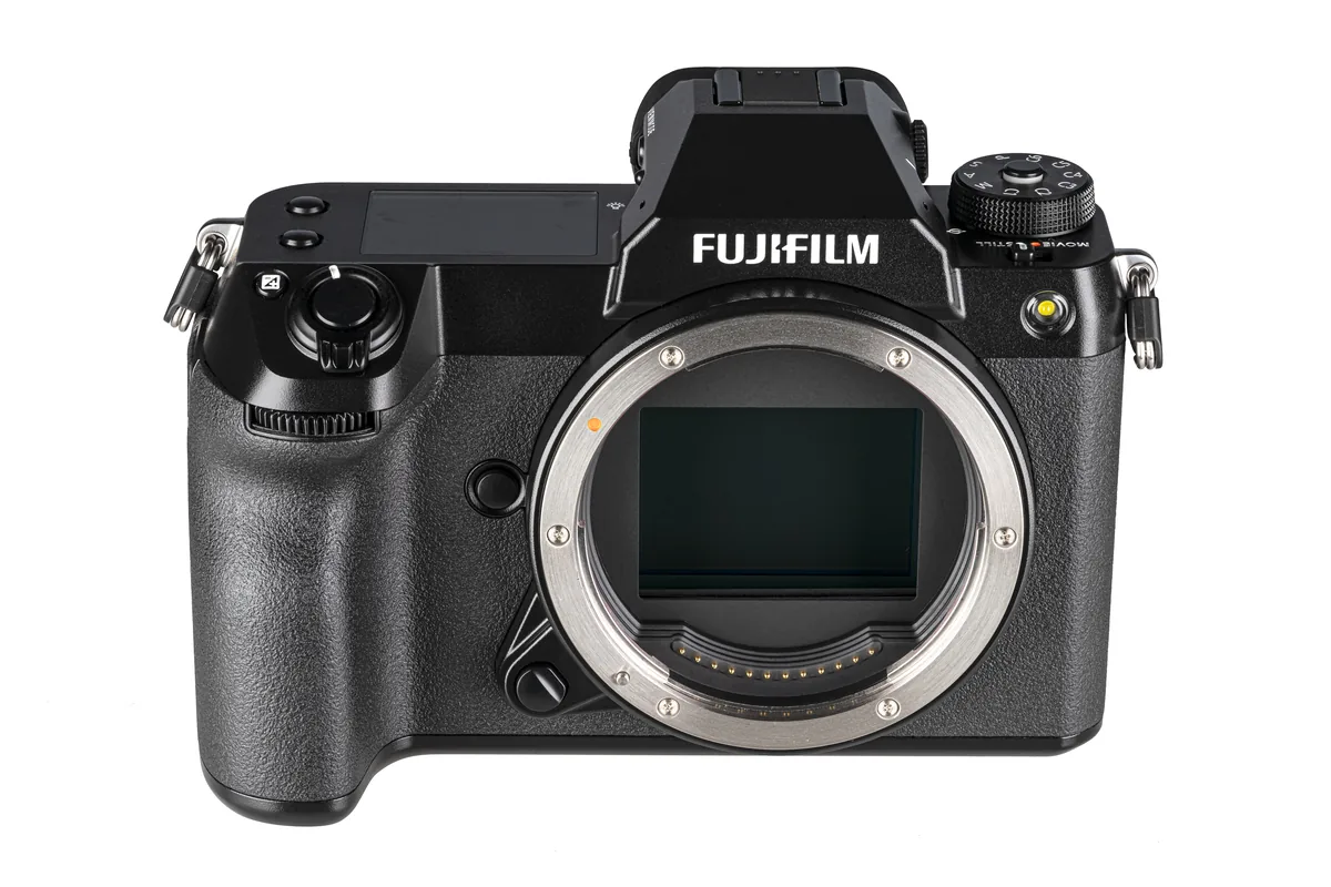 Fujifilm GFX100S digital medium-format body with its lens removed, showing the sensor and lens mount