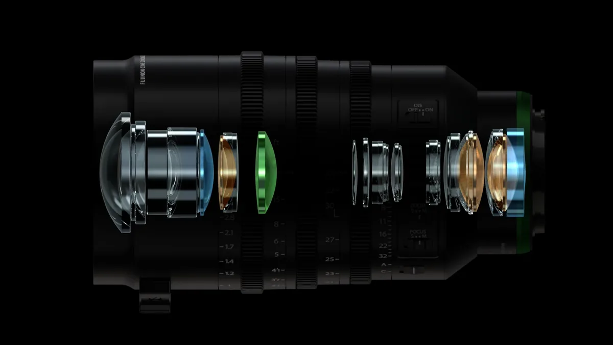 Official optical construction diagram for the Fujinon GF19–35mm cinema zoom