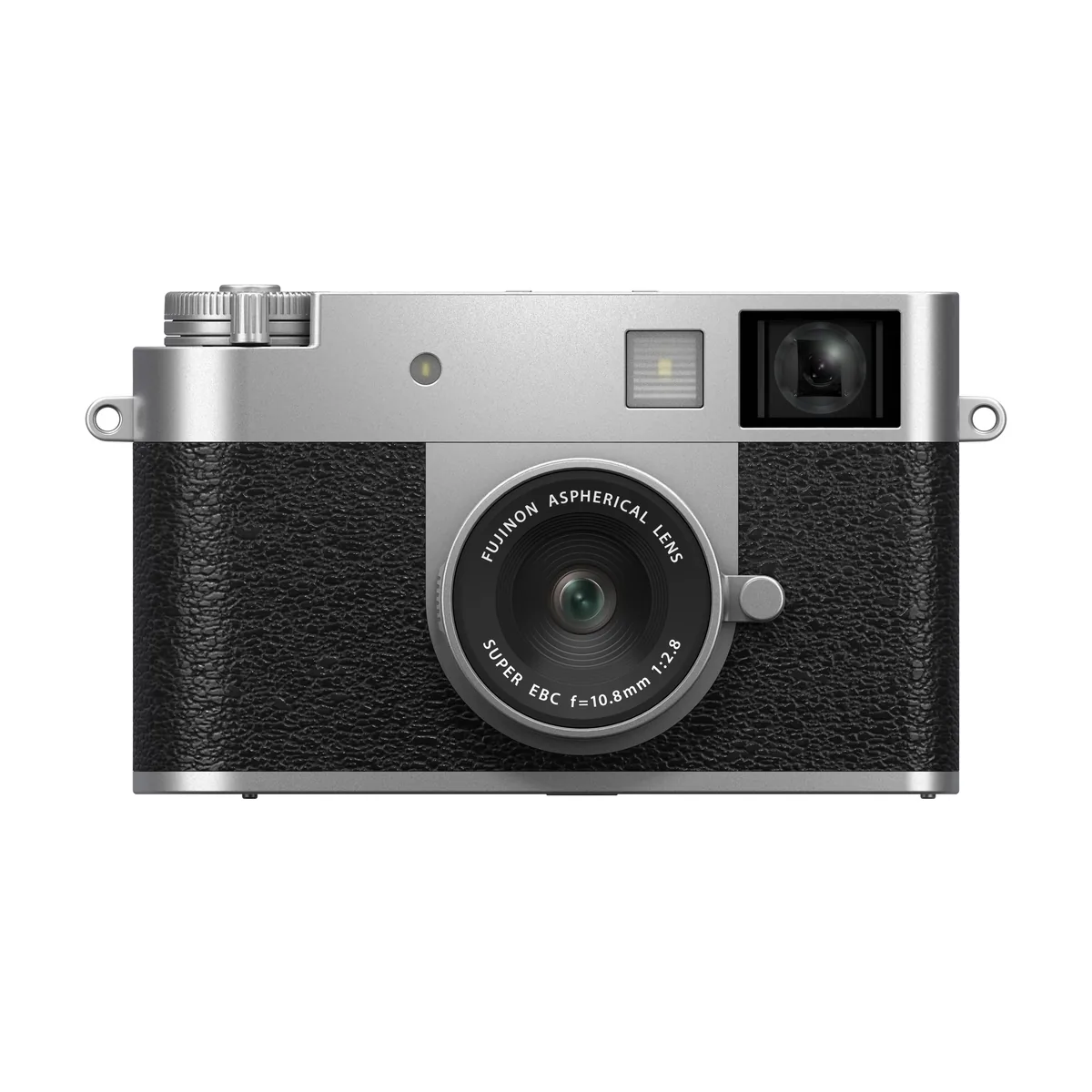 Front view of the silver Fujifilm X half with its fixed lens and optical viewfinder.