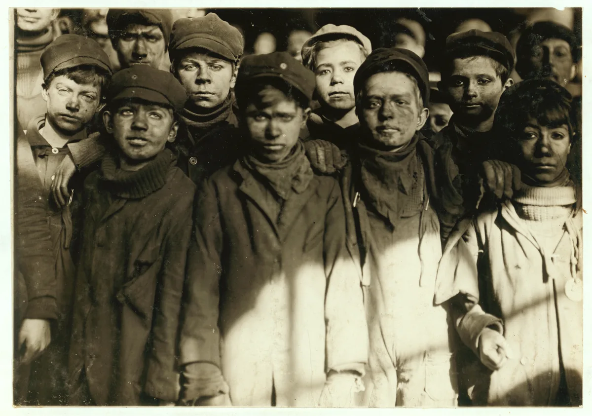 Group of breaker boys facing the camera in Pennsylvania in 1911.