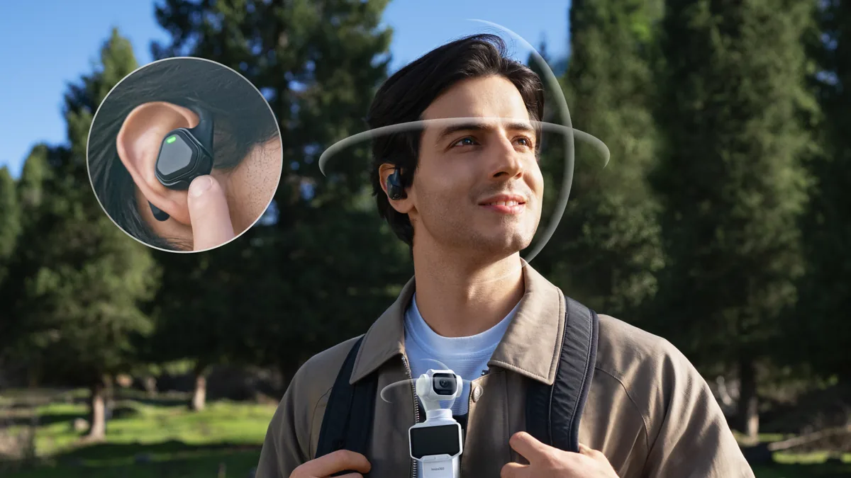 Insta360 press illustration showing a white Luna Pro worn on the chest and an ear-mounted head tracker