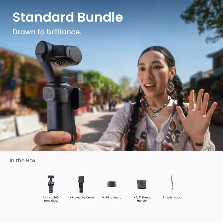 Official Insta360 Luna Ultra Standard Bundle graphic showing the camera in use and included accessories
