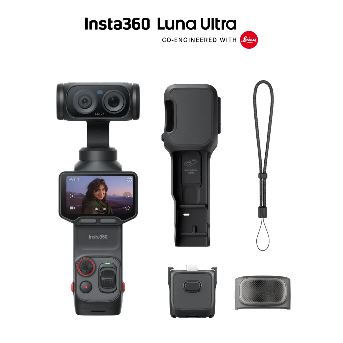 Official product image of the Insta360 Luna Ultra 8K Leica dual-lens gimbal camera