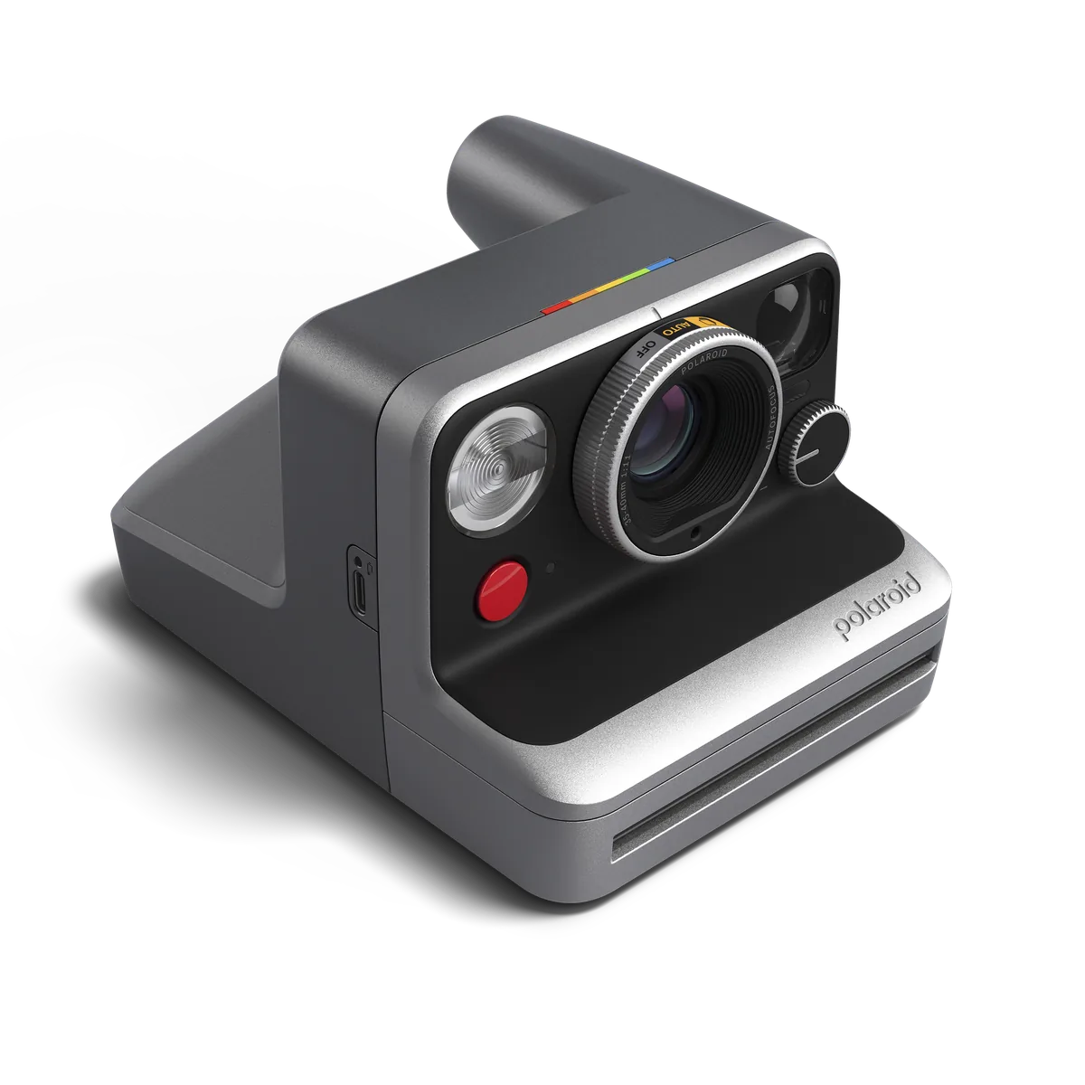 Three-quarter view of the gray Polaroid Mod showing the lens dial, flash and red shutter button.