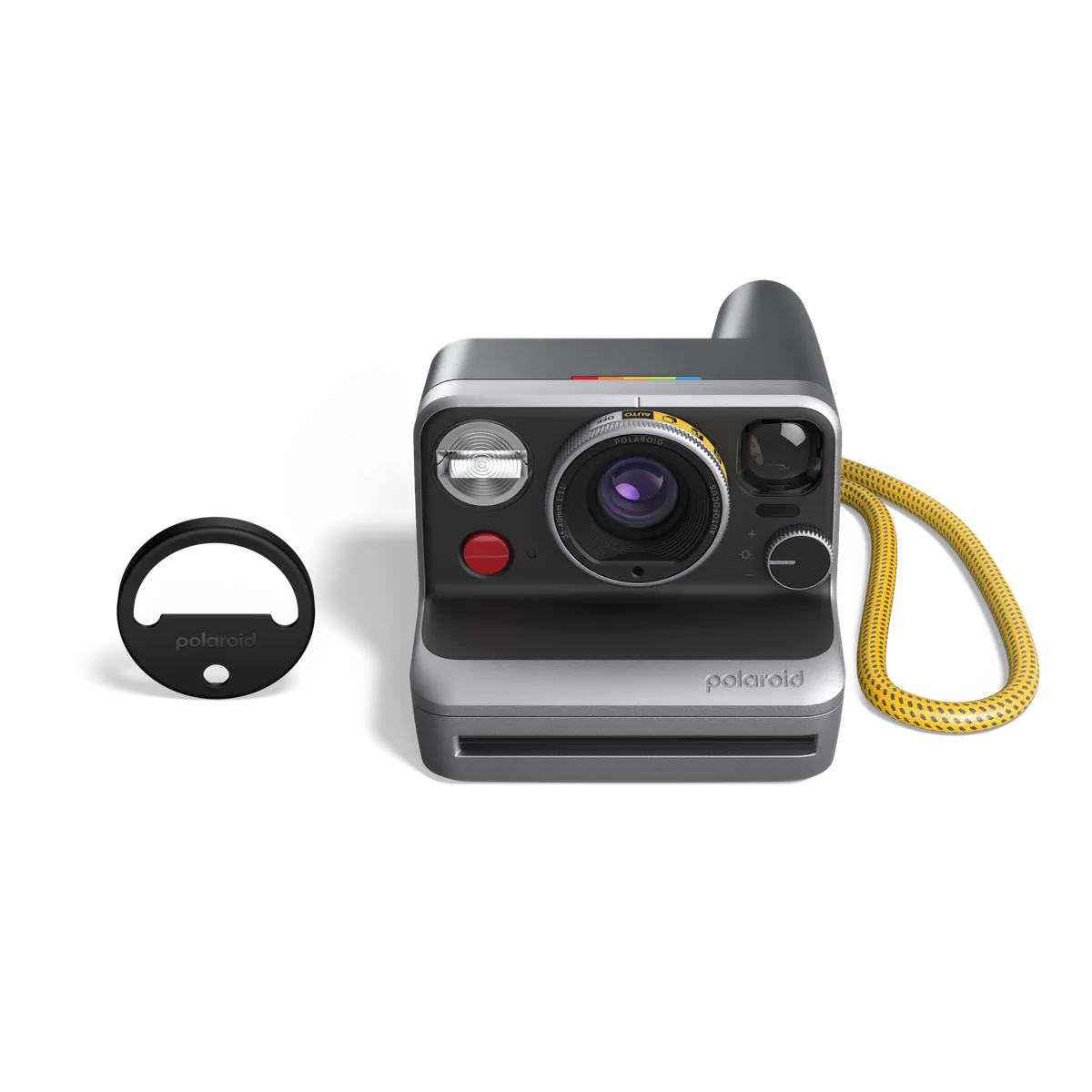 Front of the Polaroid Mod beside a split-shot accessory and yellow wrist strap.