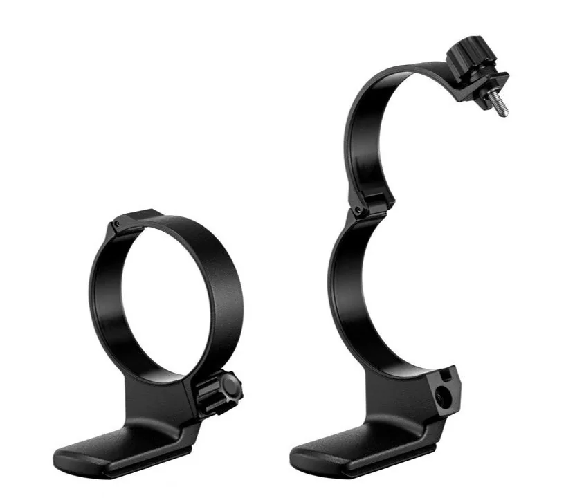 Two views of the 100–400mm IS II tripod collar and foot, with one collar open.