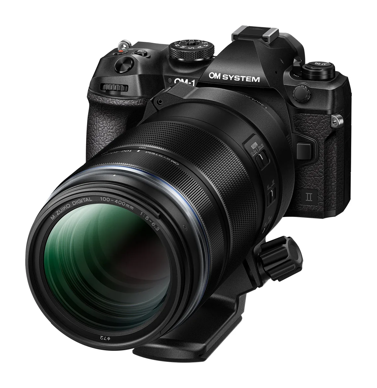 OM SYSTEM 100–400mm IS II lens attached to an OM-1 Mark II camera, viewed from the front at an angle.