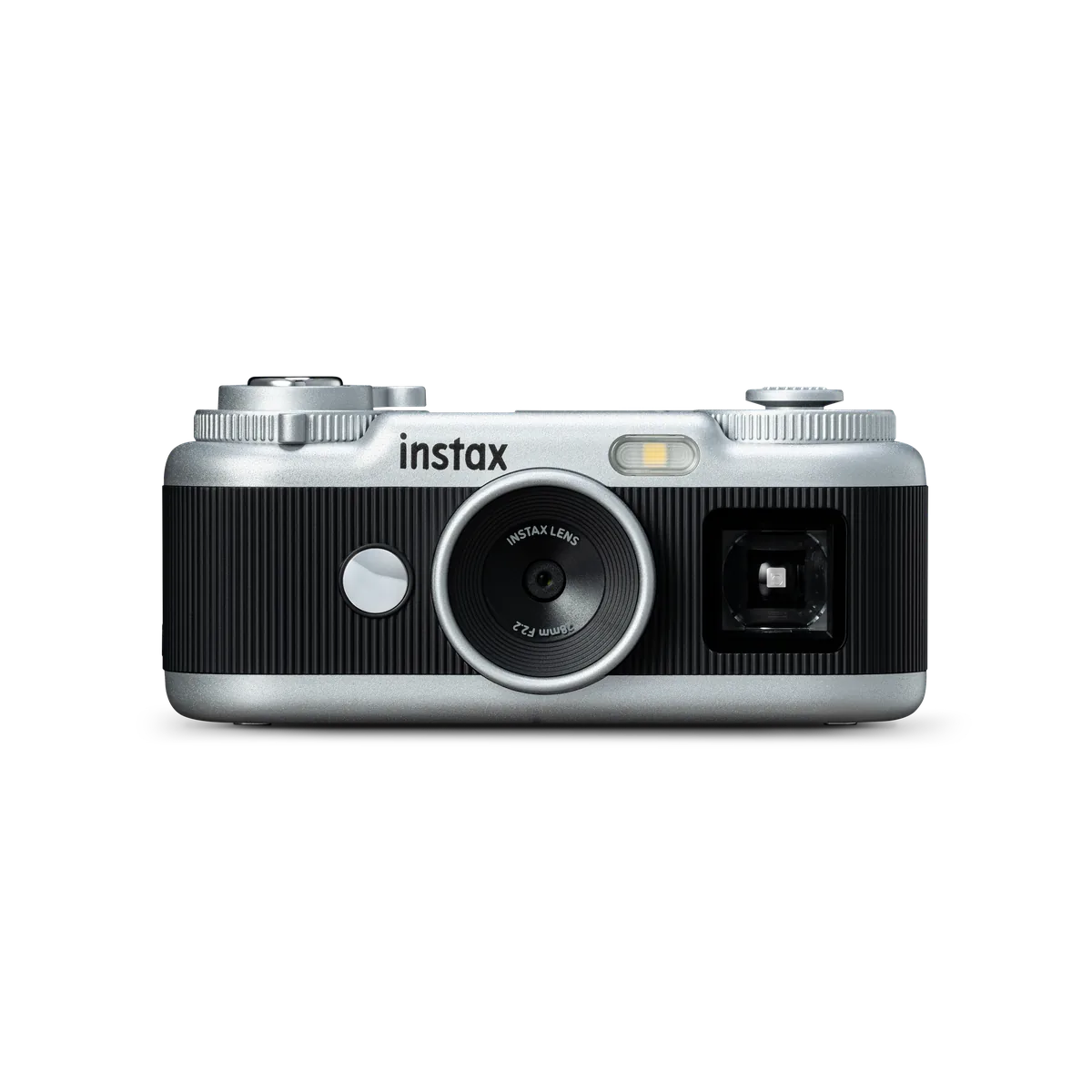 Front view of the black Fujifilm instax Pal 2 with lens, flash and viewfinder