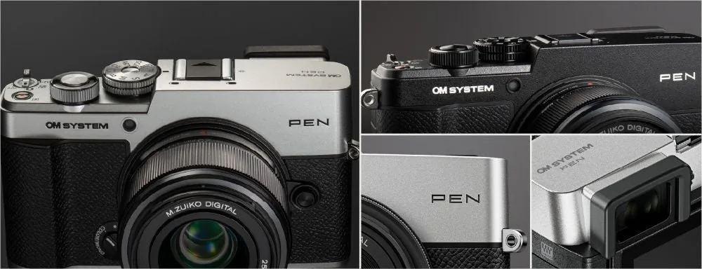 Manufacturer montage of OM SYSTEM PEN controls, front body and electronic viewfinder.