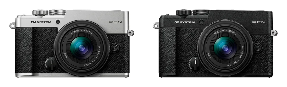 Silver and black OM SYSTEM PEN cameras shown side by side with compact zoom lenses.