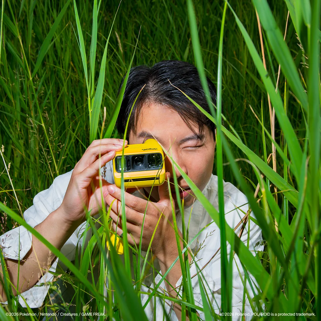 Official lifestyle photograph of the yellow Polaroid Go Generation 3 Pikachu Edition camera