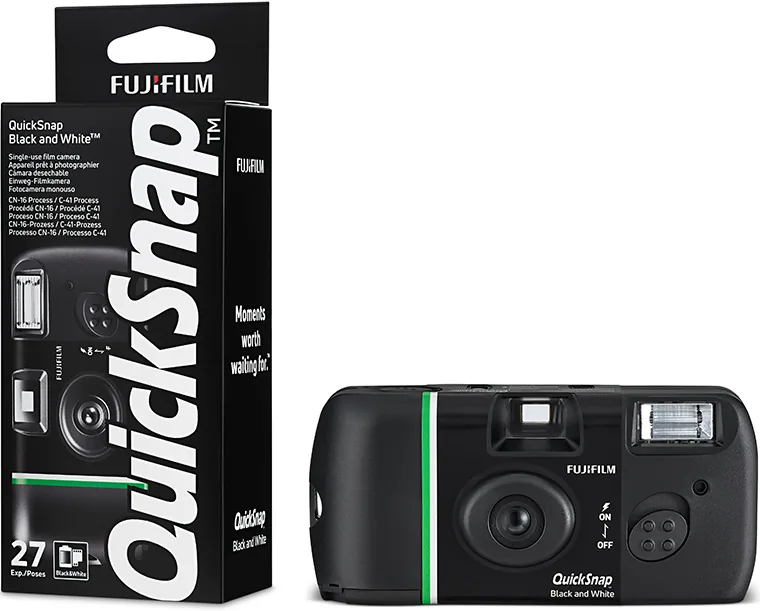 Fujifilm QuickSnap Black and White camera beside its official packaging