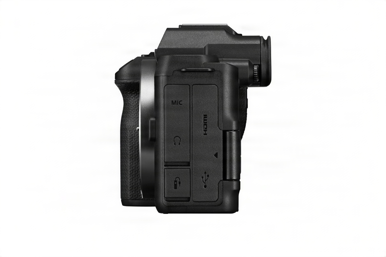 Official Canon EOS R8 Mark II side view showing closed connection covers