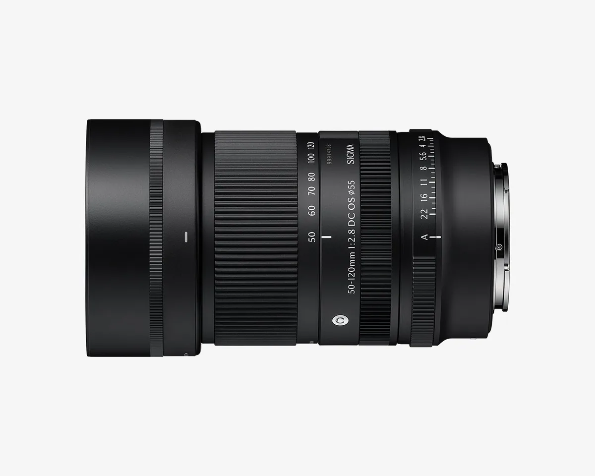 Side view of the Sigma 50–120mm F2.8 DC OS Contemporary lens with hood, zoom markings and aperture ring.