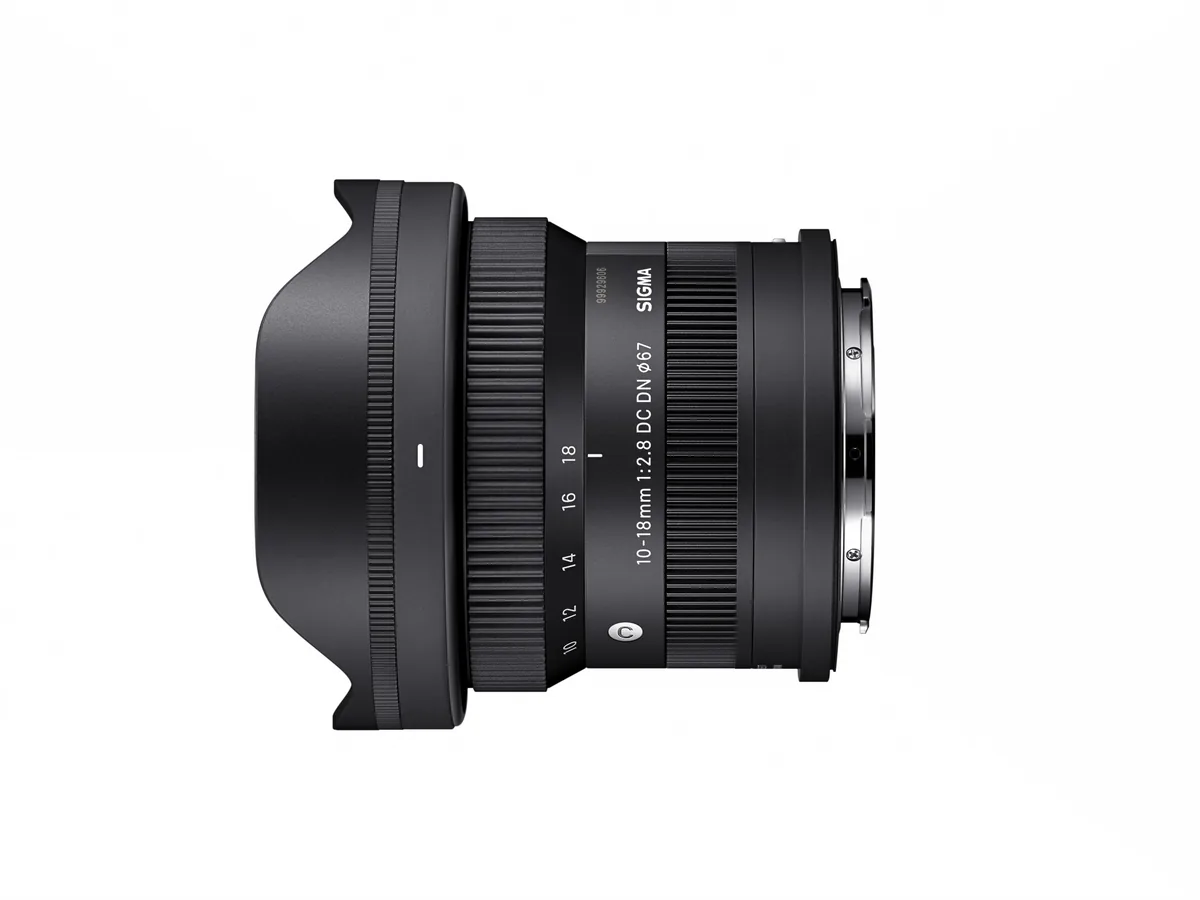 Side view of the earlier Sigma 10–18mm F2.8 DC DN lens with its petal hood.