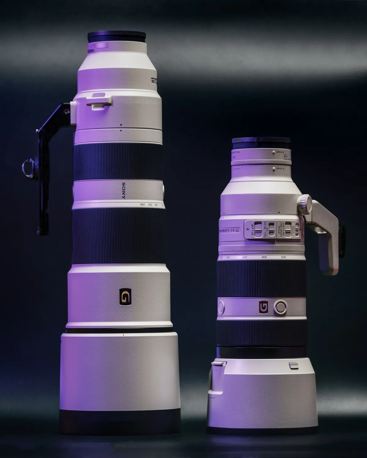 Contextual photograph of existing Sony FE 200–600mm G and FE 100–400mm GM zooms, not the newly announced prime lenses