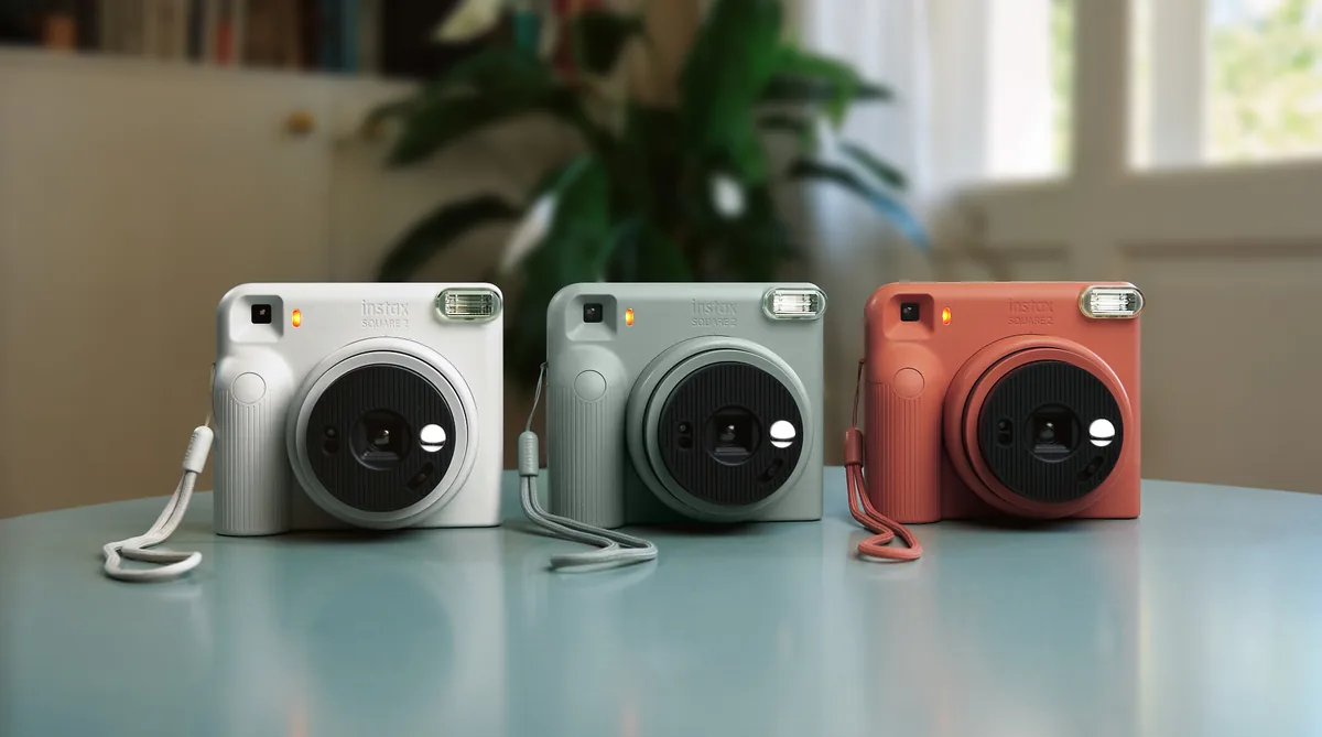 Three instax SQUARE 2 cameras in Misty White, Slate Blue and Brick Red on a tabletop.