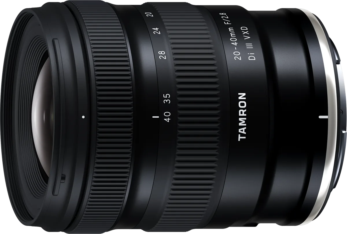 Three-quarter side view of the Tamron 20–40mm F2.8 Di III VXD Nikon Z lens, with focal-length markings and mount visible.