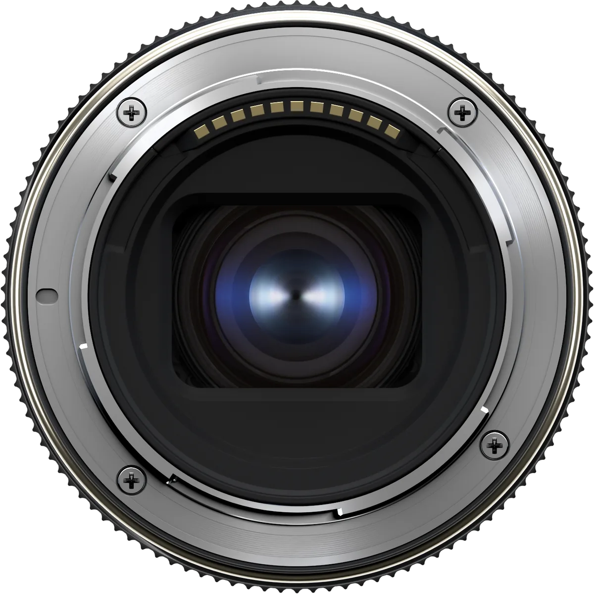 Rear view of the Tamron 20–40mm Nikon Z lens with metal bayonet, electronic contacts and rear glass.