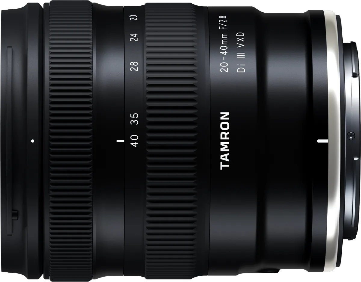 Side profile of the Tamron 20–40mm F2.8 Nikon Z lens showing its zoom and focus rings.