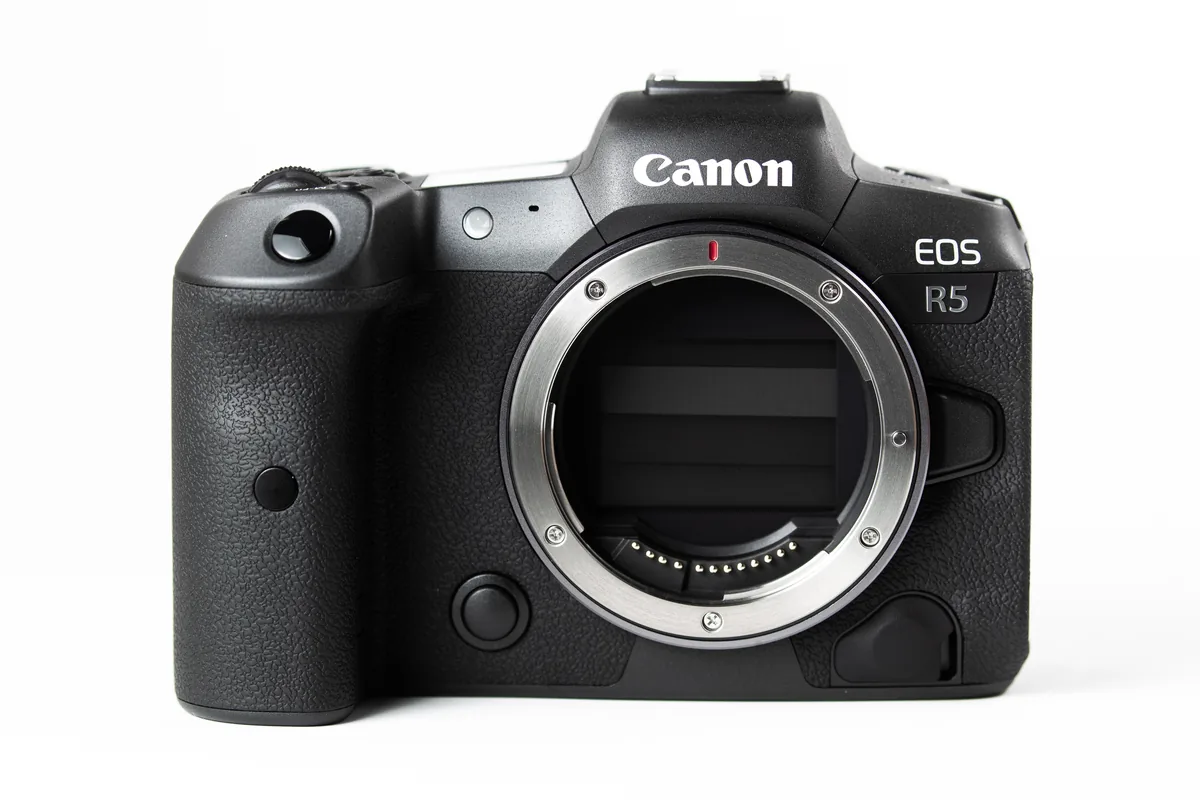 Front of original Canon EOS R5 body without a lens