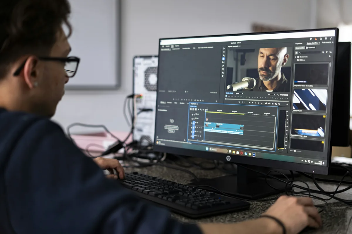 Editor at a desktop displaying video editing software and a timeline