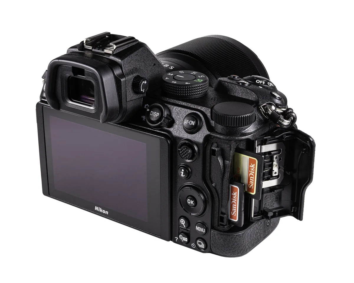Rear of the original Nikon Z5 showing its viewfinder, screen and open card compartment; not the Z5IIC.